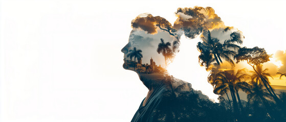 dreamy exotic traveler; double exposure aesthetic design with holiday maker profile and tropical paradise scenery; concept of summer travel