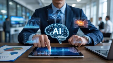 A businessperson interacts with a digital representation of artificial intelligence.