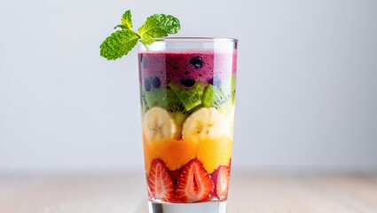 Tall clear glass showcases a vibrant five-layer smoothie—strawberry, carrot-mango, banana-pineapple, kiwi-spinach, blueberry—garnished with fresh mint.