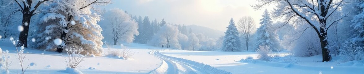 Fototapeta premium A frosty winter landscape scene Snow covers the ground, trees are laden with snow, and the air is crisp and cold Perfect for winter holiday or seasonal themes , tranquility, february