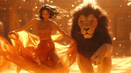 Epic animated scene: An elegant brunette woman dances passionately with a majestic lion on golden sands. 