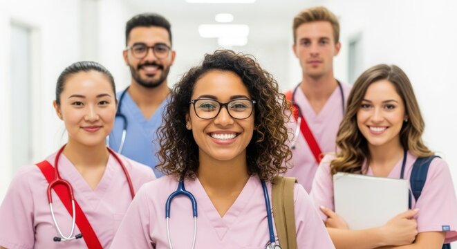 A group of smiling medical students in scrubs standing in a brightly lit hospital hallway together