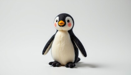 Naklejka premium ultra clear image of recycled wool felted penguin toy, sharp details, pure white background, sustainable toy negative fastnegativev2, bad hands 5, simple background, plain background, cgi, plastic