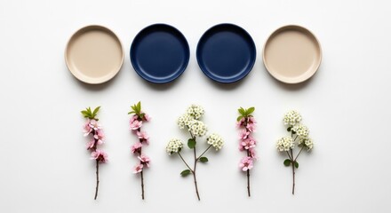 Flat lay of four plates and five flower stems arranged on a white background in a symmetrical pattern