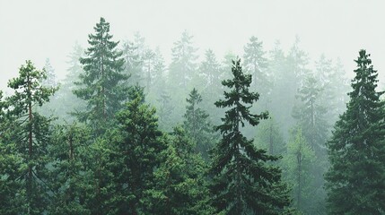 Fototapeta premium The dense pine forest is shrouded in mist and the greenery stands out against a soft white background, perfect for expressing tranquility or mystery, perfect as a backdrop for a nature theme.