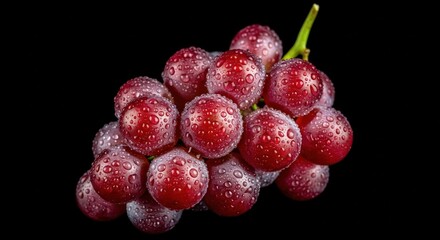 A close up of a bunch of red grapes covered in water droplets against a black background studio shot
