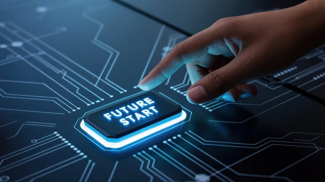 A finger touches a glowing button that says "future start" on a circuit board.