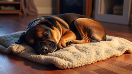 Anjing tidur di lantai kayu tua kain anjing coklat 