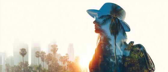 double exposure aesthetic design with holiday maker with backpack profile and tropical & urban scenery; concept of summer travelling, fairy trip, south american destination