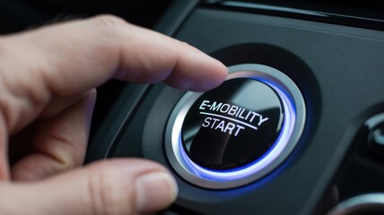 Close-up of a finger pressing an electric vehicle start button.