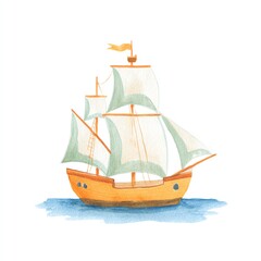 Charming Watercolor Illustration of a Sailing Ship on Calm Waters, Sailing Towards Adventure