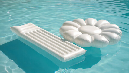 Summer vacation, leisure time, travel, tourism concept. White inflatable  mattress and flower-shaped float  arranged in crystal-clear turquoise water.	