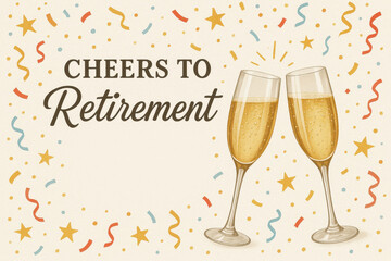Cheers to retirement party with two champagne glasses clinking surrounded by colorful confetti and stars creating festive and joyful atmosphere