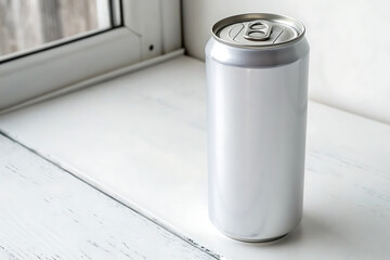 Blank aluminum can on white wooden windowsill