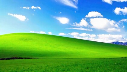 A vibrant summer landscape featuring lush green rolling hills under a bright blue sky with fluffy white clouds, perfect for travel, nature, and seasonal themes , serene, summer landscape