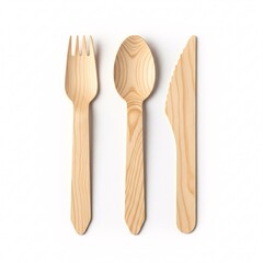 A set of disposable wooden cutlery, including a fork, spoon, and knife, arranged vertically,