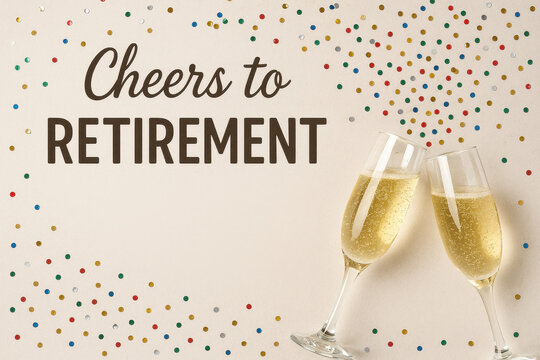 Cheers to retirement party with two champagne glasses and colorful confetti on light background creating joyful celebration atmosphere