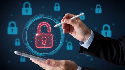 Hand using stylus to draw an open padlock on a digital tablet.