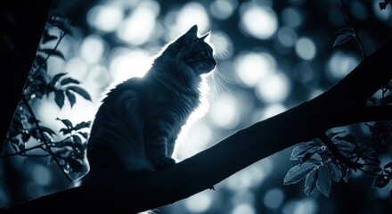 A cat sitting on a tree branch in the dark with a bright light behind it creating a silhouette effect