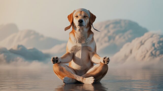 Calm dog meditating on serene water at sunrise with clouds reflecting in the background for a peaceful atmosphere Generative AI