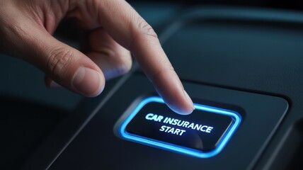 A finger presses a glowing car insurance start button.