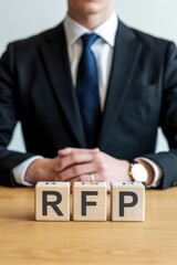 Obraz premium Businessman sits with wooden blocks displaying rfp.
