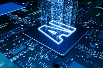 AI artificial intellignece processor on a motherboard, big data, machine learning. Futuristic, innovation, integrated, digital processes, data exchange, binary, connected. 3D illustration