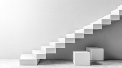 A minimalist rendering of a white staircase ascending against a plain white wall, with two white cubic platforms at the base