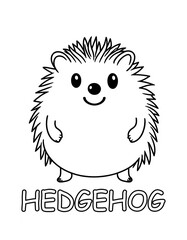 Smiling hedgehog with spiky quills and round body, bold outline, word “HEDGEHOG”. Great printable for woodland units, alphabet H and kids crafts.