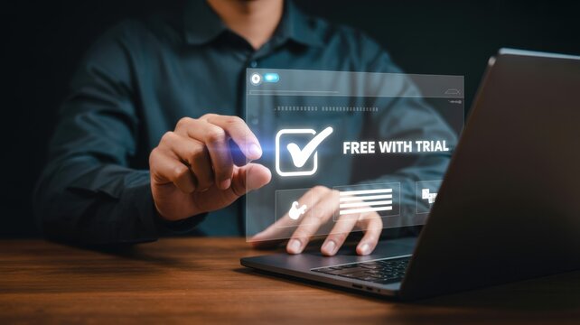 Person interacting with a holographic interface displaying a free trial offer.