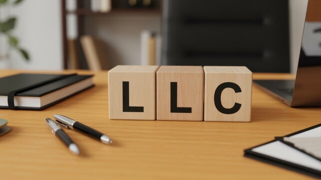 Wooden blocks spelling out llc on a desk.