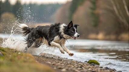 A happy Border Collie dog runs and splashes in a river with water droplets.