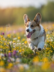 A charming corgi dog runs through a beautiful field of wildflowers, full of joy.