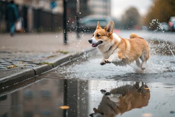 A corgi dog is joyfully running through a puddle of water, having fun outside.