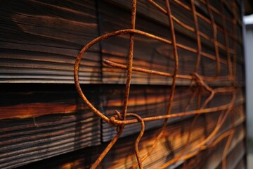 Close up of rusted metal grid against a weathered wooden surface with natural tones.