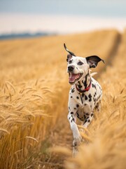 A joyful Dalmatian dog runs through a golden wheat field, showcasing happiness and freedom.