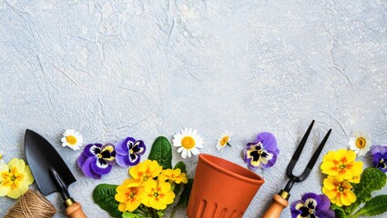 Spring gardening scene with flowers and tools on a textured background, a lovely flatlay.