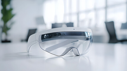 Sleek augmented reality glasses with multiple sensors rest on a reflective white surface in a bright, modern setting.