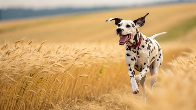 A happy Dalmatian dog runs through a field of golden wheat on a sunny day.