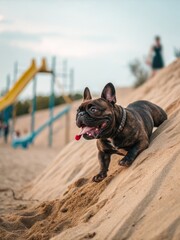 A happy French bulldog plays on a sandy beach with its tongue out, enjoying the sun.