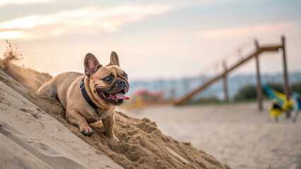 A happy french bulldog rolls down a sand dune at the beach during sunset.