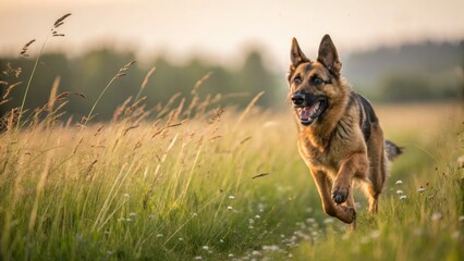 A happy German Shepherd dog runs freely through a sunlit field of tall grass at sunset.