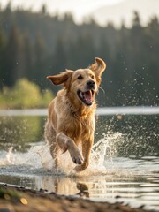 A golden retriever enjoys a refreshing run and splash in the lake's cool water.