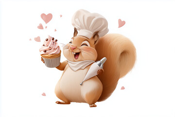 Cute Cartoon Squirrel Baker Holding Cupcake with Hearts on White Background, ideal for children’s storybooks, nursery art, educational materials, and playful illustrations