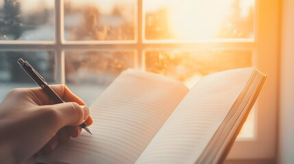 Pen and Paper: A serene moment of contemplation captured as a hand guides a pen across the crisp pages of a notebook. The scene is bathed in the warm light of a bright day. 