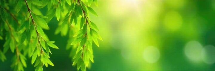 Delicate willow branches with vibrant green foliage, swaying gently in a summer breeze Perfect for nature, spring, or environmental themes , delicate, countryside, vegetation
