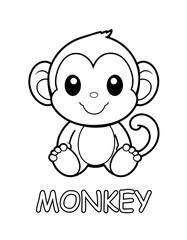 Happy monkey with big ears and curly tail, bold outline, word “MONKEY”. Perfect printable for jungle units, alphabet M and kids crafts.