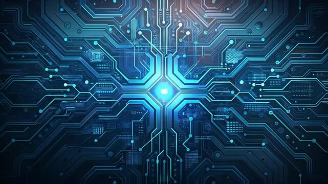 Blue circuit board with intricate digital patterns for computer technology and electronic design - Powered by Adobe