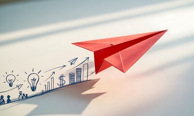 Red Paper Airplane Soaring Towards Growth and Success Business Strategy Concept