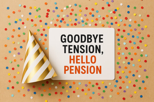 Goodbye tension hello pension card with party hat and colorful confetti on brown background for retirement party celebration with joyful mood and festive decoration